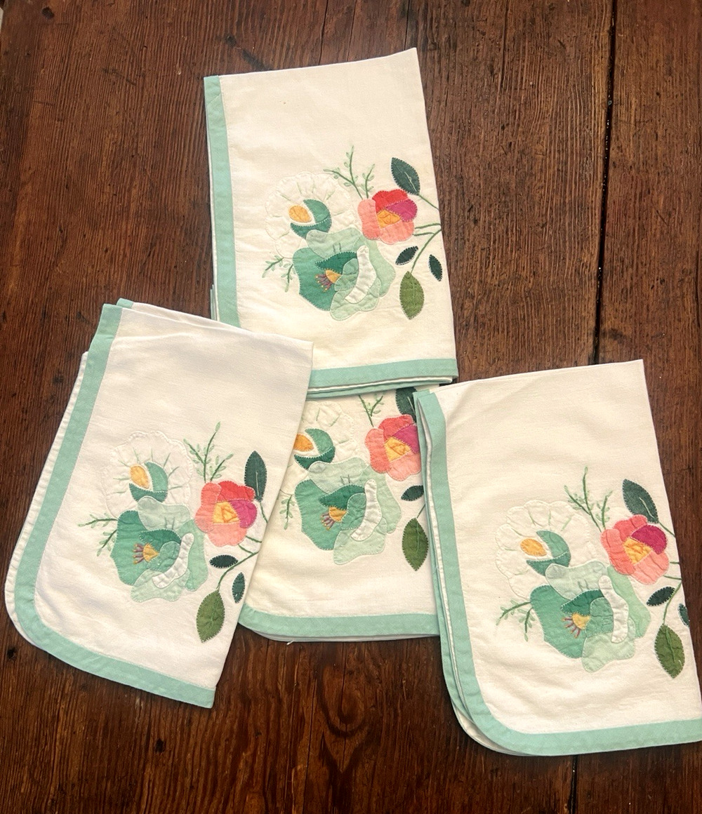 Hand Embroidered Napkins Set of 5 White Pink Green Trim & Floral Appliqué